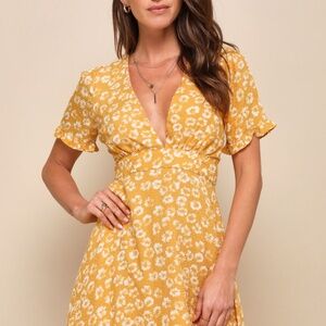 Lulus Garden Explorer Mustard Yellow Floral Print Mini Dress - Size L